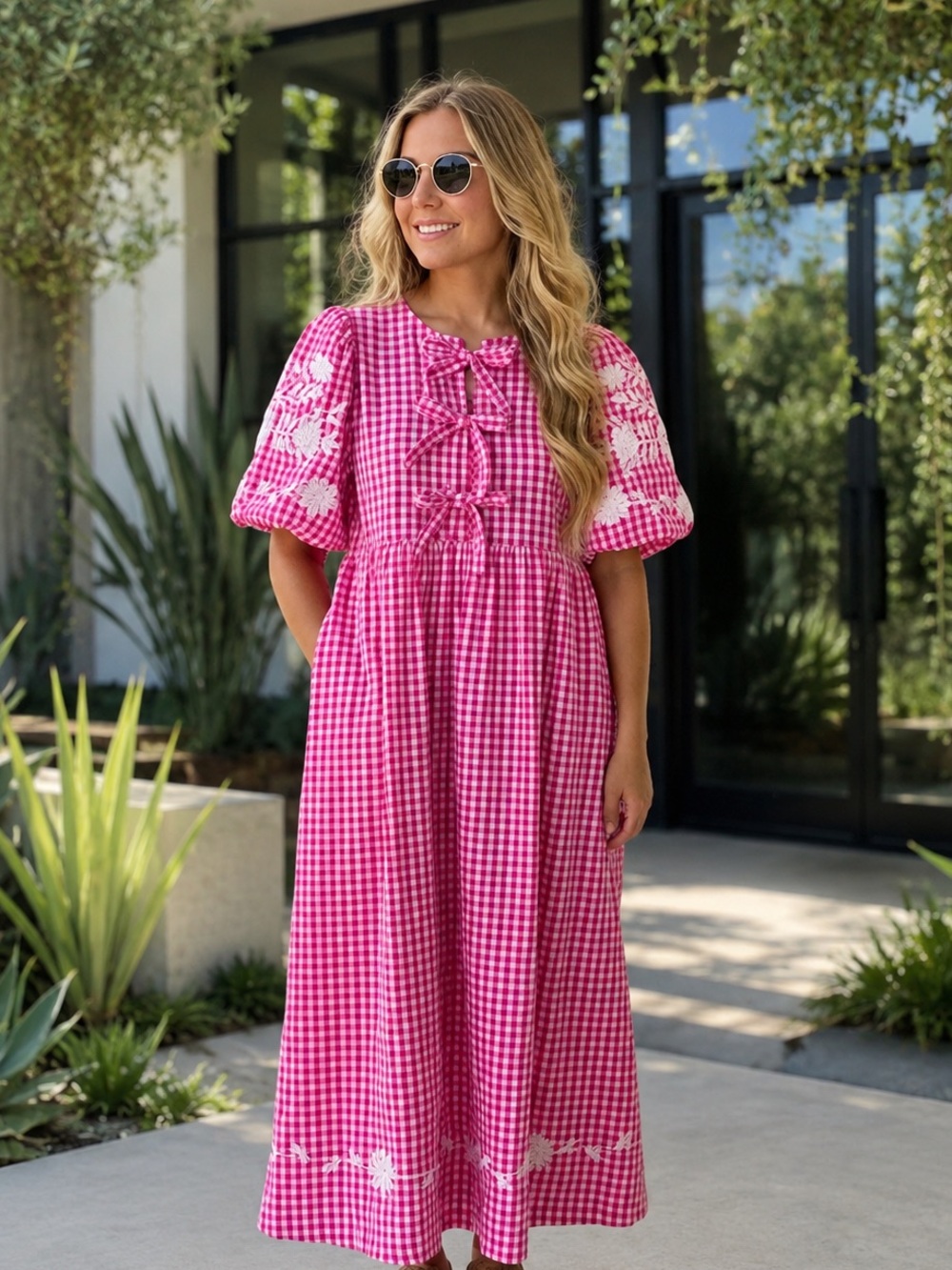 Pink Gingham Embroidered Midi Dress - Women